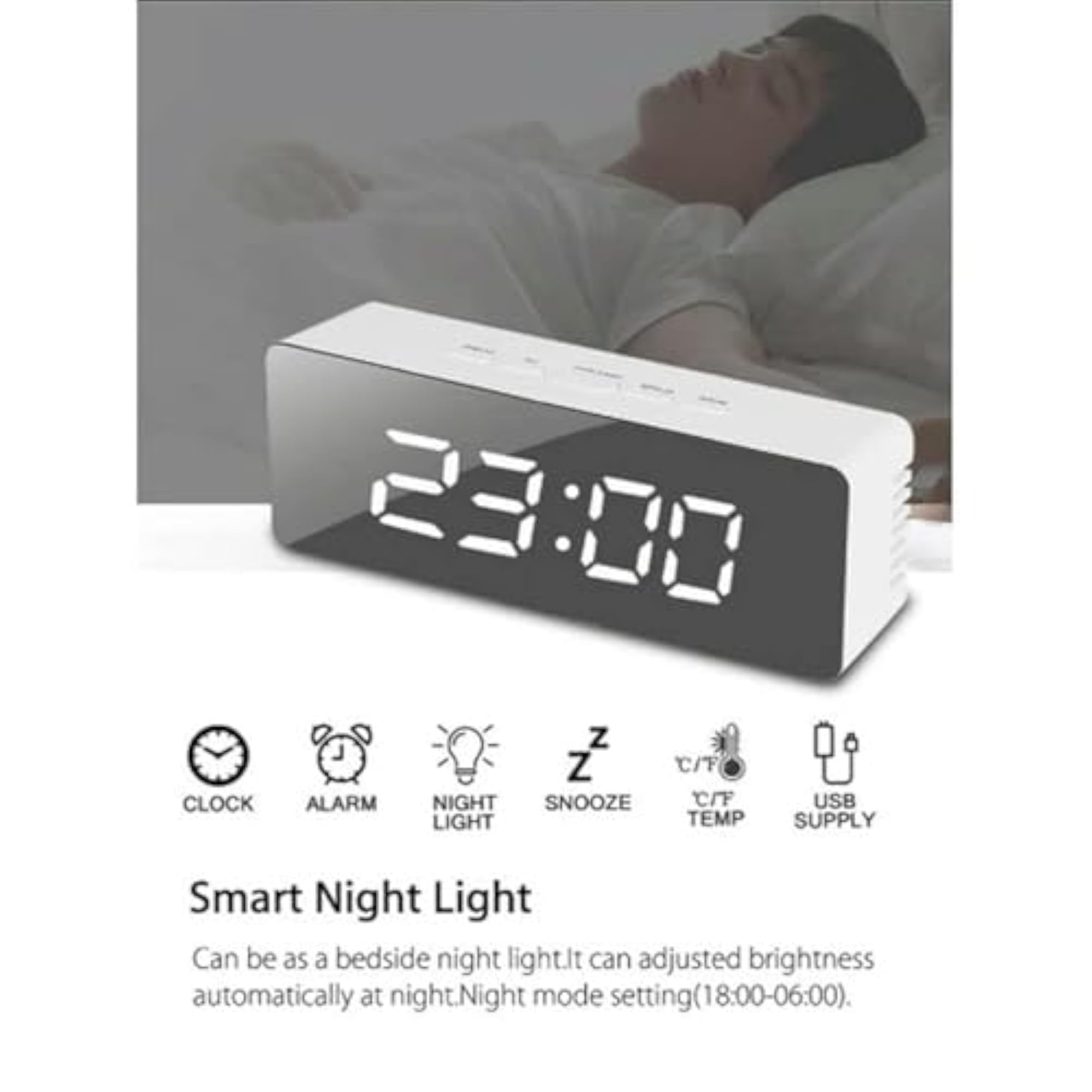 Mirror LED Digital Alarm Clock with Smart Display & Snooze